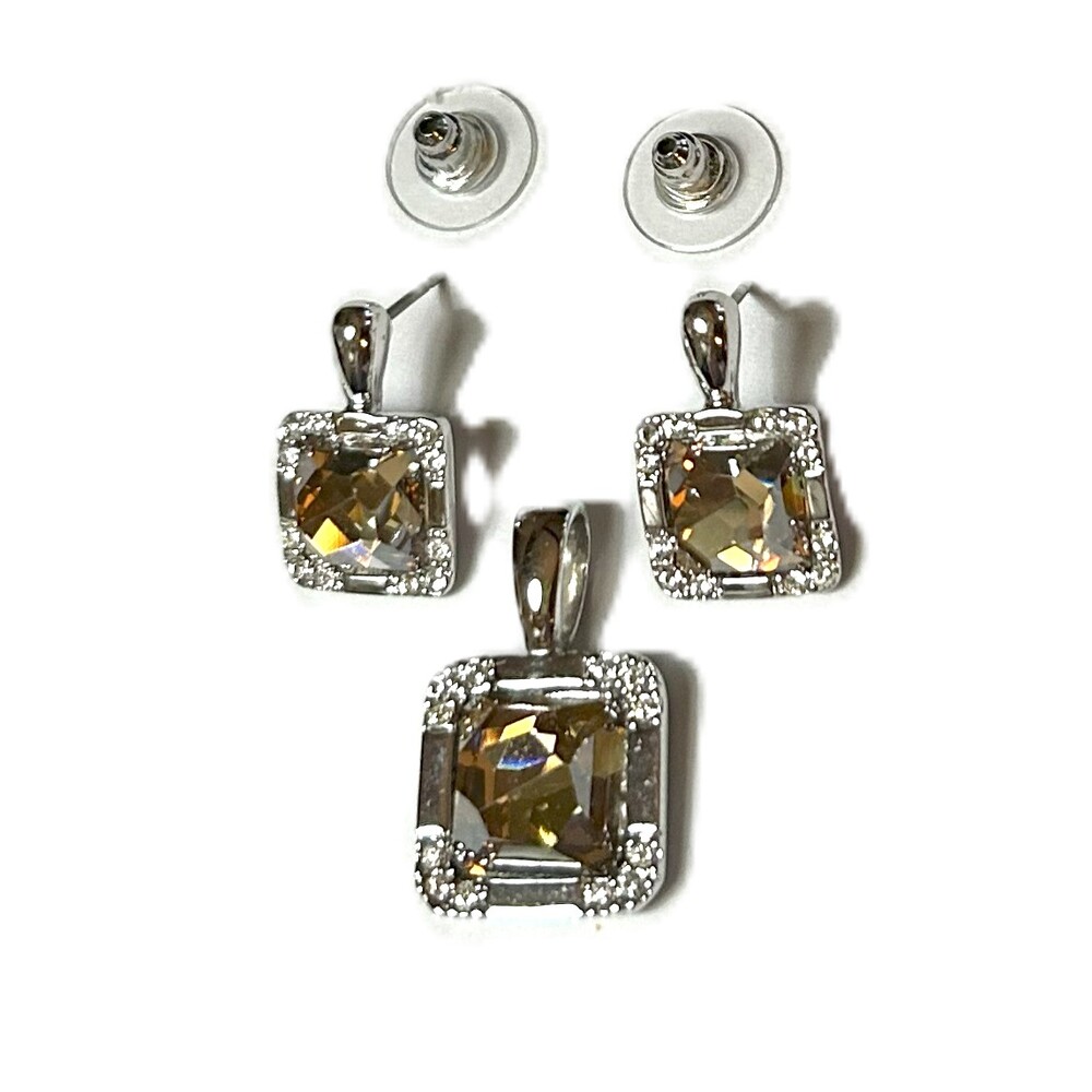 Vintage Silver Tone Smokey Quartz Pendant and Earrings Set with Crystal Accents